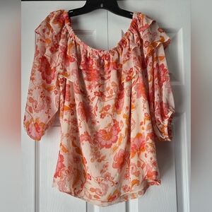 Vince Camuto Ruffled 3/4 Sleeve Off-Shoulder Blouse with Silver Print Accents